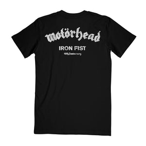 Back of black t-shirt with "IRON FIST - 40th Anniversary" text in white