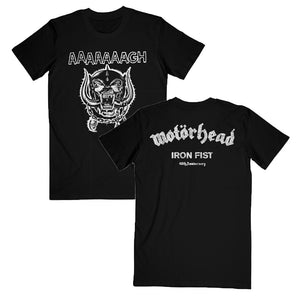 Front and back of black t-shirt with "Aaaaaaagh" text and War Pig emblem on front and "IRON FIST - 40th Anniversary" text on back in white