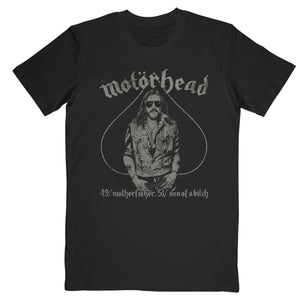 Illustrated Lemmy image in spade shape with "49% motherfucker, 51% son of a bitch" text on a black tee
