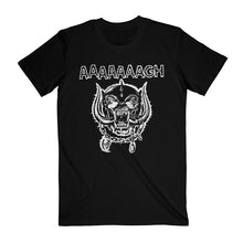 Load image into Gallery viewer, Front of black t-shirt with &quot;Aaaaaaagh&quot; text and War Pig emblem in white
