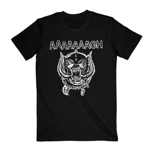 Front of black t-shirt with "Aaaaaaagh" text and War Pig emblem in white