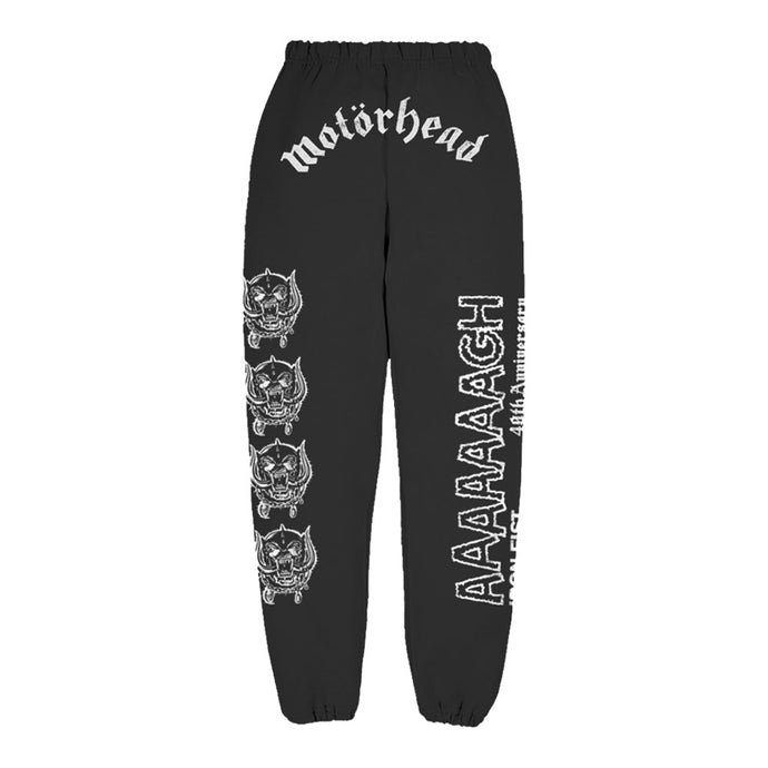 Black joggers with War Pig emblem on right leg and 