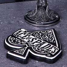 Load image into Gallery viewer, Ace of Spades emblem coaster in black &amp; white on a grey marble table next to a metal goblet