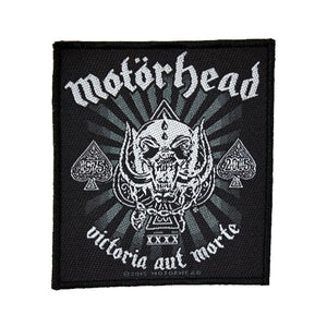 Black Fabric Sew-on Patch featuring the Motorhead War Pig emblem and the text "victoia aut morte" in White
