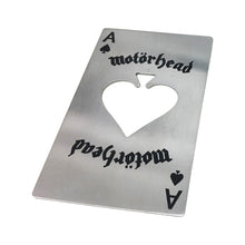 Load image into Gallery viewer, Card shaped silver bottle opener with ace of spades black text in corners and spade shaped hole