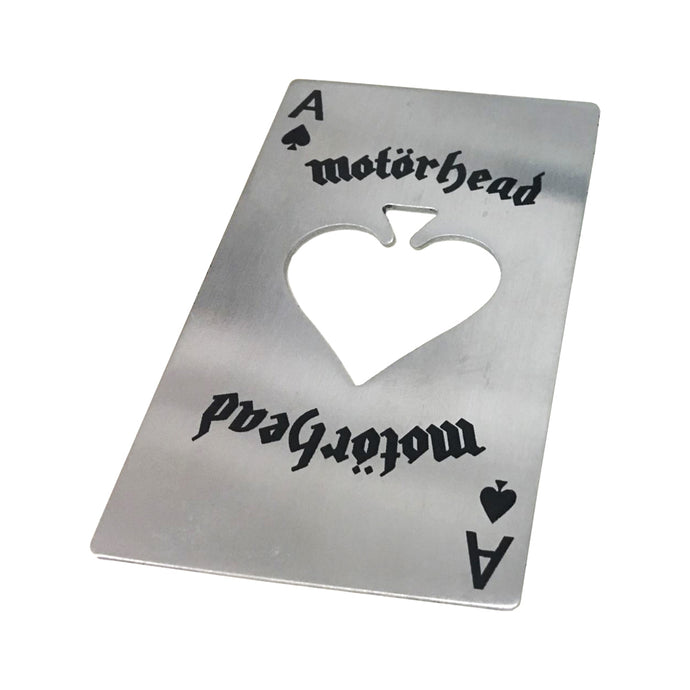 Card shaped silver bottle opener with ace of spades black text in corners and spade shaped hole
